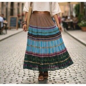 COLDWATER CREEK Multicolor Boho Crinkle Pull On Maxi Skirt